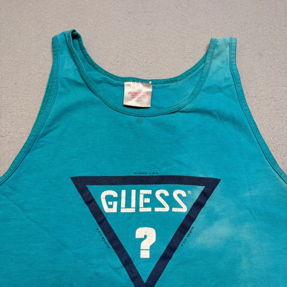 Guess Tank Top Mens Medium Teal Blue Vintage 90s Triangle Logo Distressed Faded